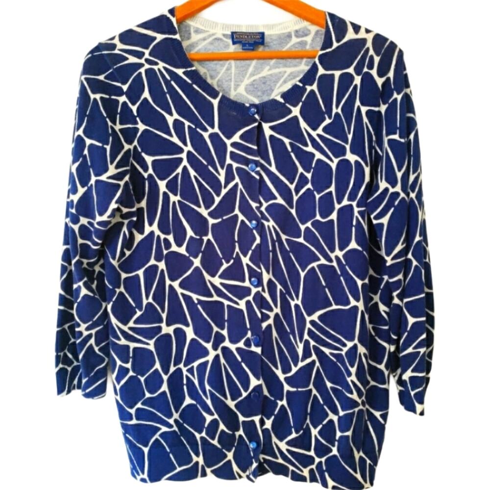 Pendleton Blue & White Abstract Print Cardigan Size Large